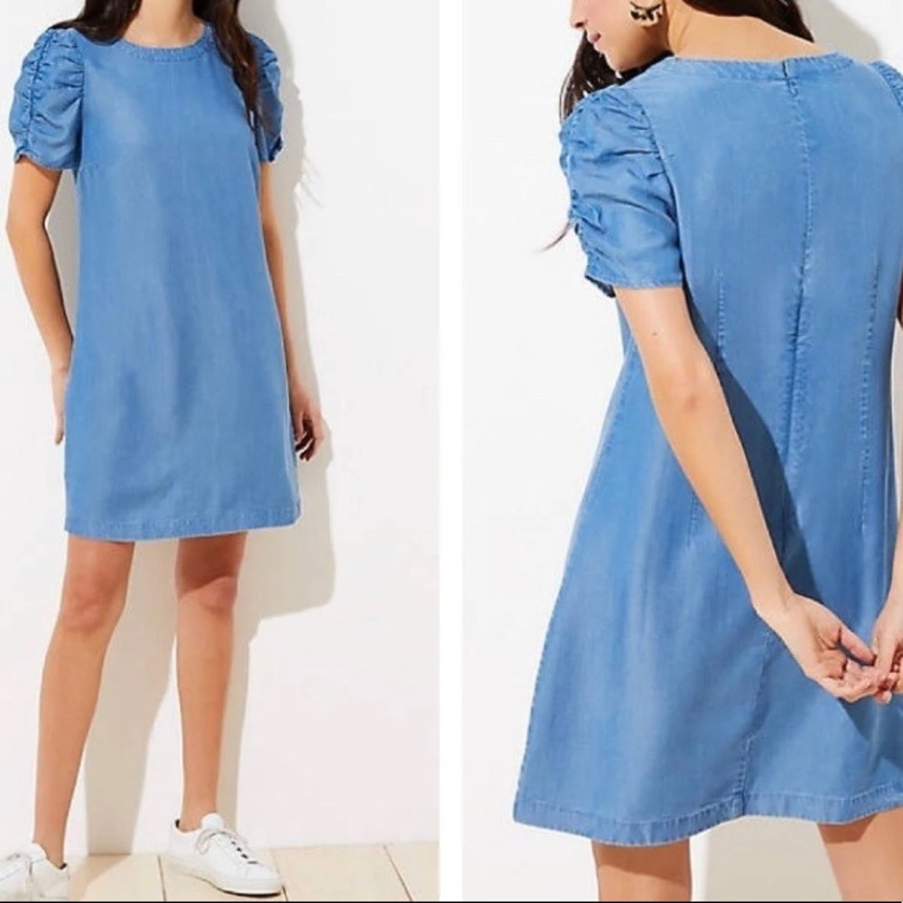 NWT Loft Ruched Short Sleeve Chambray Shift Dress Size 2